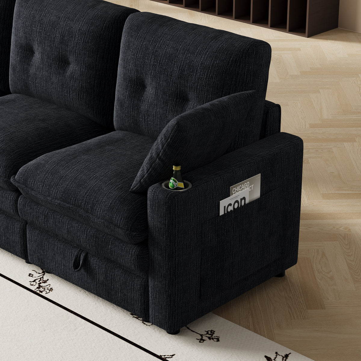 89-inch three-person cloud sofa with storage, armrests featuring hidden tabletop and USB ports, and armrests with storage function. High-quality cashmere three-person sofa. Suitable for living rooms,