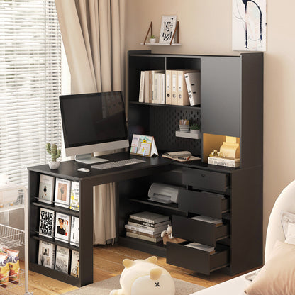 L Shaped Desk with Charger, Computer Desk with Drawers, Bookshelf, with LED Light, Modern Corner Desk, Home Office Desk – Black