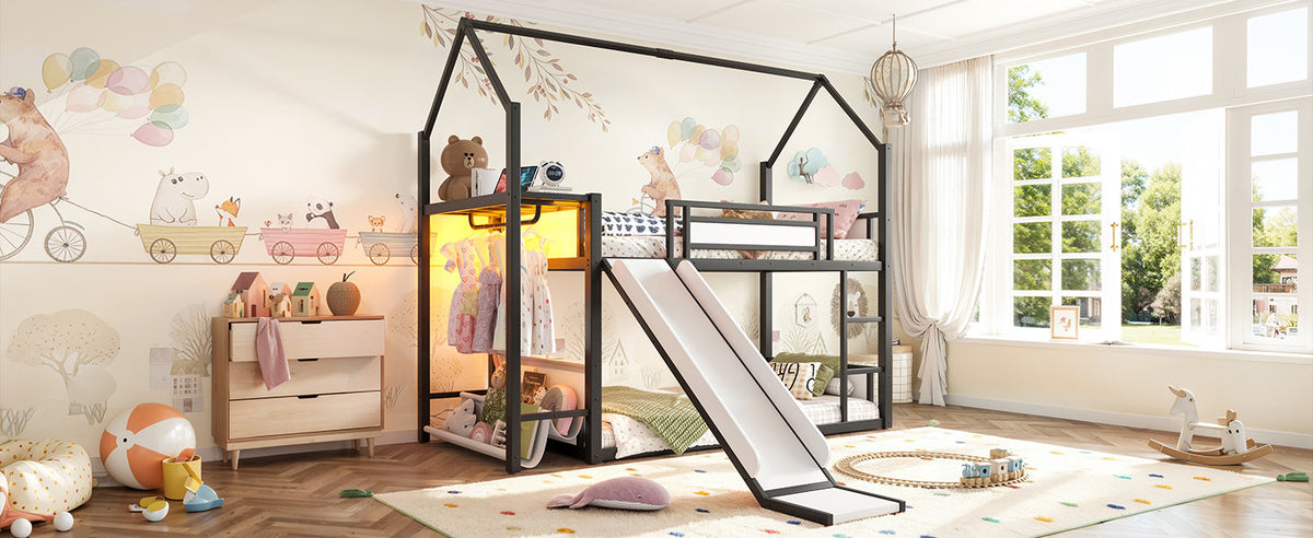 Twin Over Twin Metal Bunk Bed with Slide, LED Clothing Hanging Area, Fabric Storage Shelf & Power Outlet, Childlike Playhouse bunk bed Frame with low-profile design for Kids Girls,boys, Black