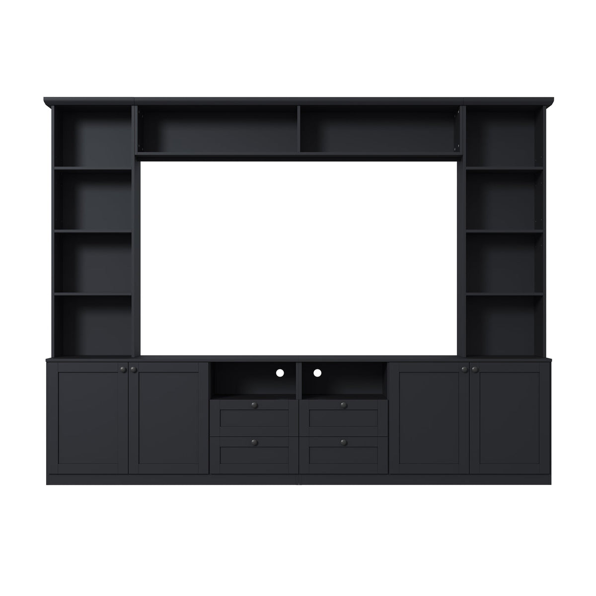 Farmhouse Elegant Entertainment Center Wall Unit with 4 Drawers, Modern Built in TV Stand with Bridge for TVs Up to 70", All-in-One Media Console with Adjustable Shelves for Living Room, Black