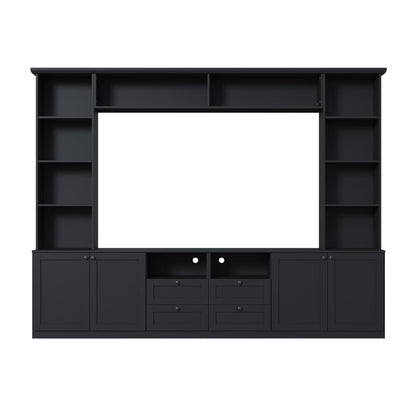 Farmhouse Elegant Entertainment Center Wall Unit with 4 Drawers, Modern Built in TV Stand with Bridge for TVs Up to 70", All-in-One Media Console with Adjustable Shelves for Living Room, Black
