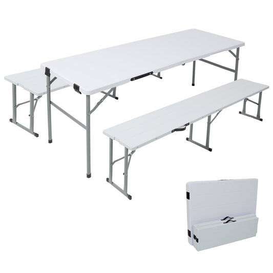 70Inch Portable Folding Picnic Table Set with 2 Benches,3‑Piece Indoor Outdoor Folding Furniture Set,Wood Grain Tabletop for Camping,Backyard Party,Picnic,Wedding Gatherings,White