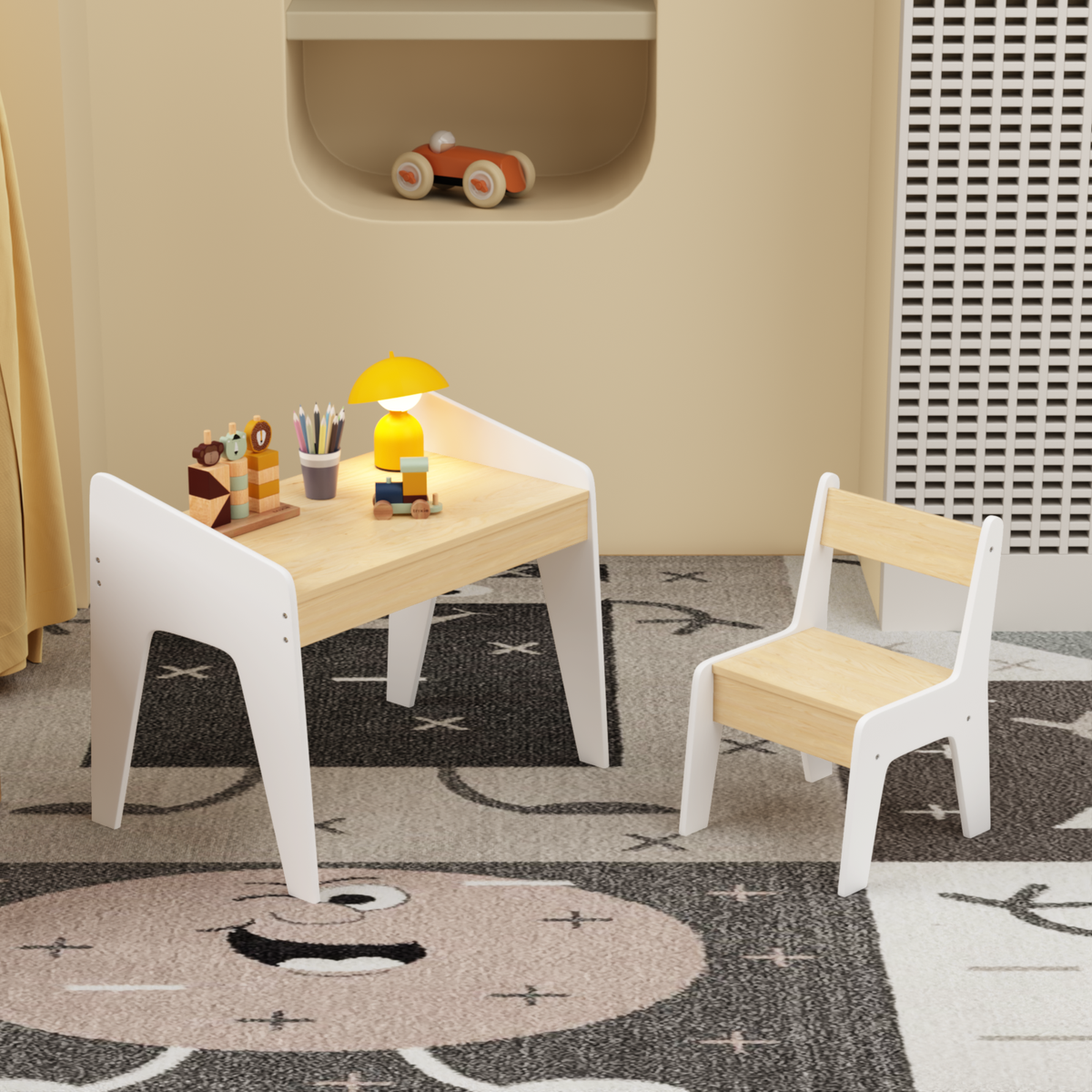 Kids Table Set with One Chair, Wooden Children Study Table, 2-8 Age Kids Funiture, White+Natural