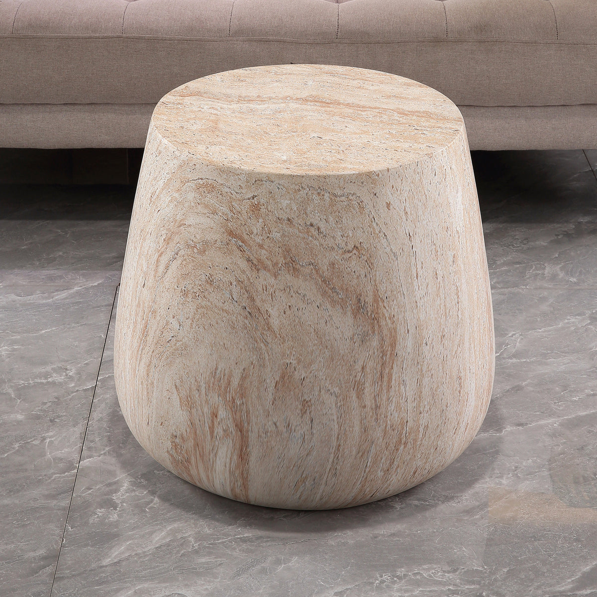 Drum Shaped Accent Coffee Table, MgO Faux Travertine Round Coffee Table, Indoor & Outdoor Decorative Table for Living Room Patio Yard, Top Dia 14.57" x Bottom Dia 18.90" x H 16.54"