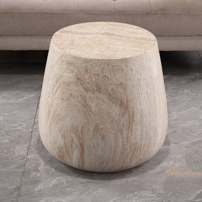 Drum Shaped Accent Coffee Table, MgO Faux Travertine Round Coffee Table, Indoor & Outdoor Decorative Table for Living Room Patio Yard, Top Dia 14.57" x Bottom Dia 18.90" x H 16.54"