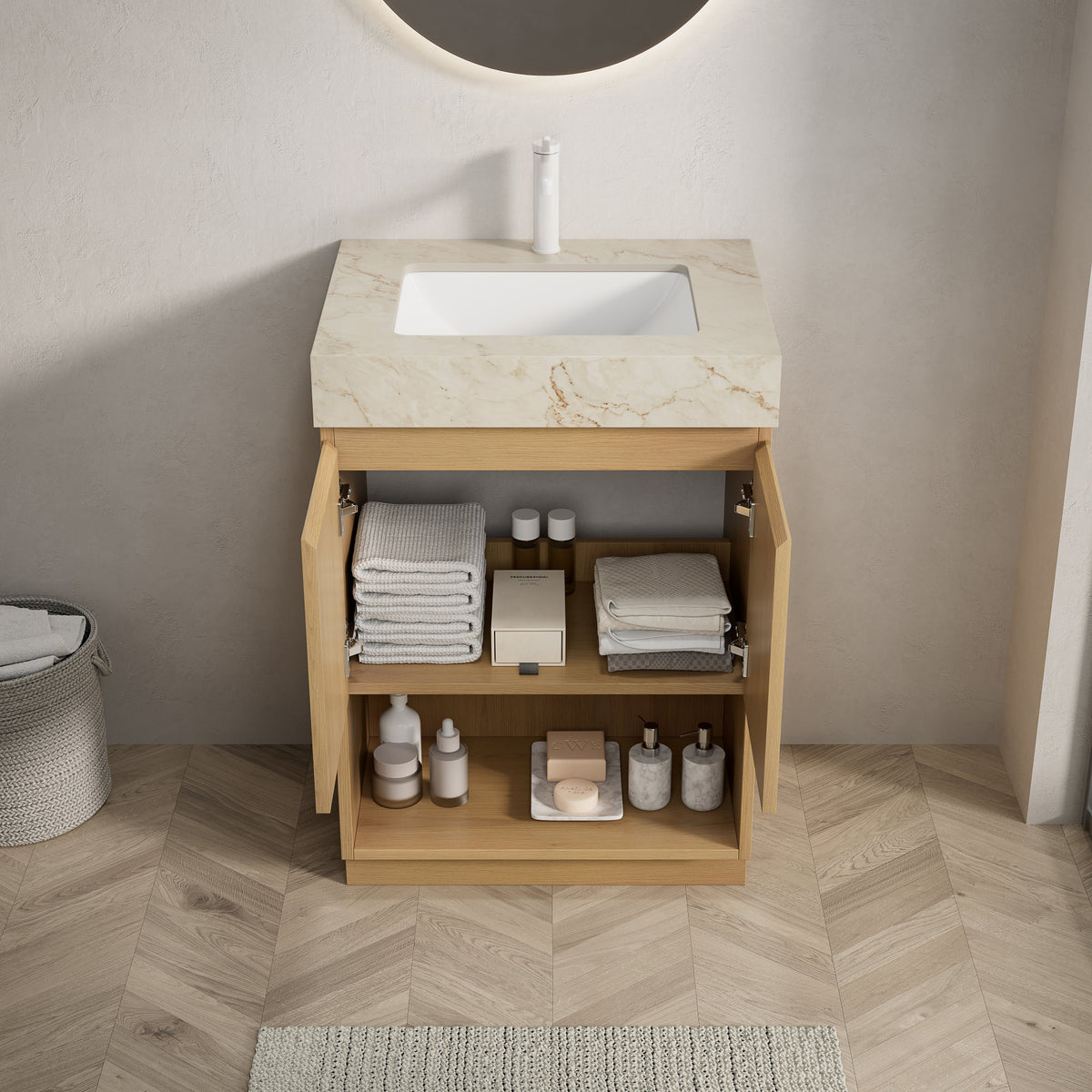 FINO 24" Bathroom Vanity&Sink,Freestanding Cabinet,Cream Gold Vein Sintered Stone Top&Ceramic Basin with 1 Pre-drilled Faucet Hole, Disassembled, Faucet & Drain Excluded, Corolla Oak Woodgrain Color