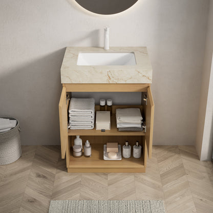 FINO 24" Bathroom Vanity&Sink,Freestanding Cabinet,Cream Gold Vein Sintered Stone Top&Ceramic Basin with 1 Pre-drilled Faucet Hole, Disassembled, Faucet & Drain Excluded, Corolla Oak Woodgrain Color