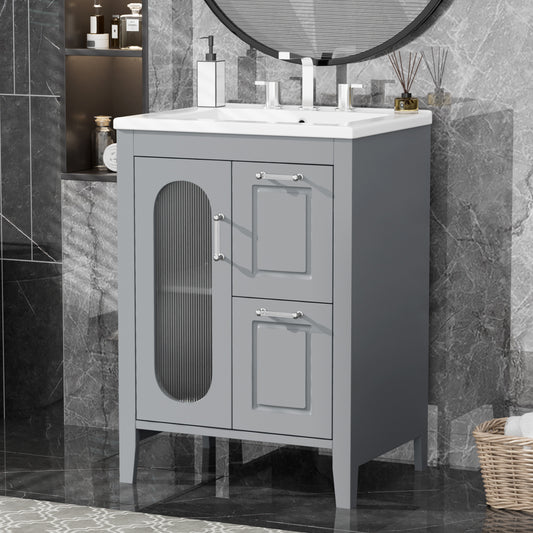 24' Bathroom Vanity with Sink, Bathroom Vanity Cabinet with Two Drawers and Door, Adjustable Shelf, Solid Wood and MDF, Grey (Old Sku:N725P245273E)