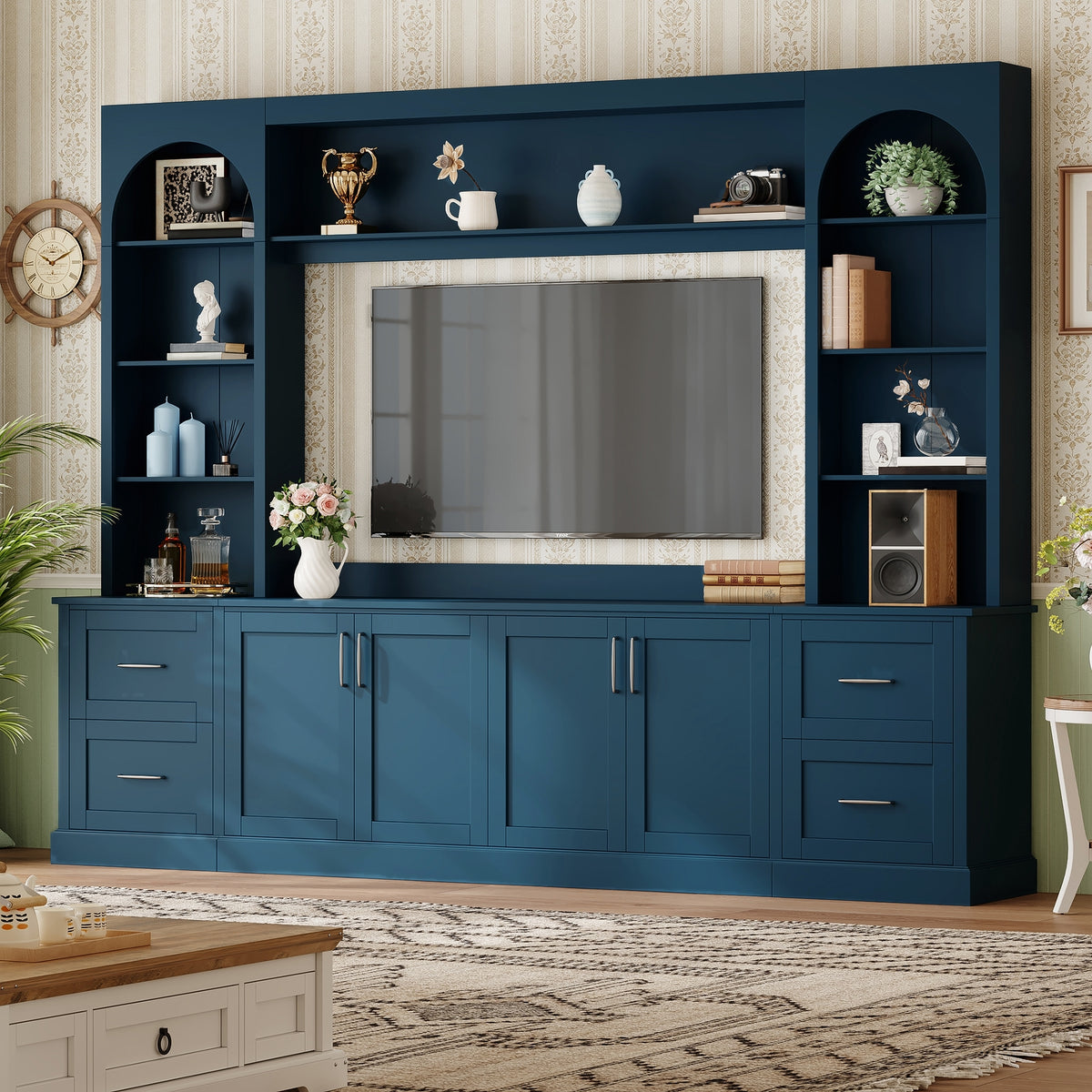 Modern Arched Entertainment Center Wall Unit with Drawers, Farmhouse TV Stand with Cable Holes for TVs Up to 65", Multifunctional All-in-One TV Console with Adjustable Shelves for Living Room, Blue