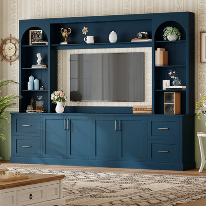 Modern Arched Entertainment Center Wall Unit with Drawers, Farmhouse TV Stand with Cable Holes for TVs Up to 65", Multifunctional All-in-One TV Console with Adjustable Shelves for Living Room, Blue
