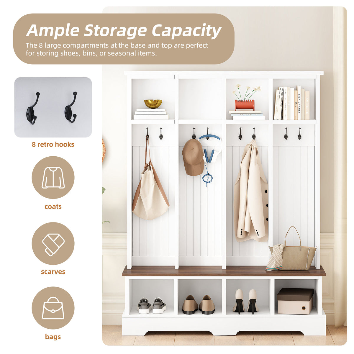 Farmhouse Hall Tree with 8 Hooks, Practical Entryway Bench with Open Compartments, 76.7"H Modern 3-in-1 Wooden Style Coat and Shoe Rack for Mudroom, Living Room, White (OLD SKU: N721S000075K)