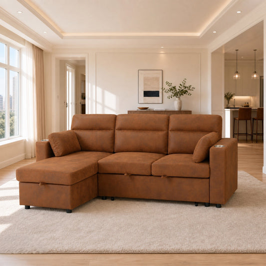 82.5" Convertible L-Shaped Pull-Out Sectional Sofa Bed with Storage Chaise, Cup Holders, and 2 Pillows