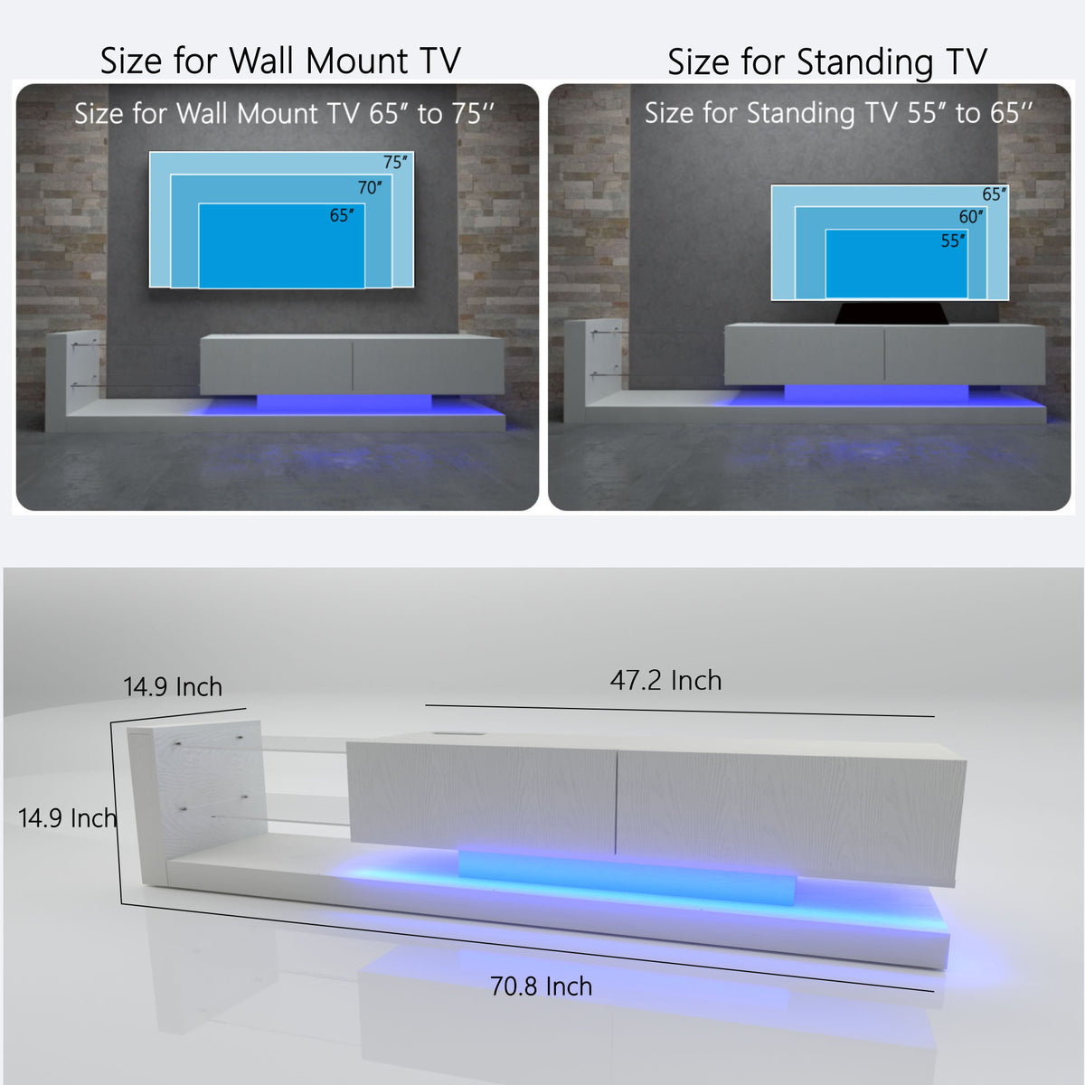 [New Update] LED TV Stand for 55 65 75 Inch TV, Modern Entertainment Center Equipped with Power Outlet, 50 60 70 Inch TV Console for Homes & Apartments, White