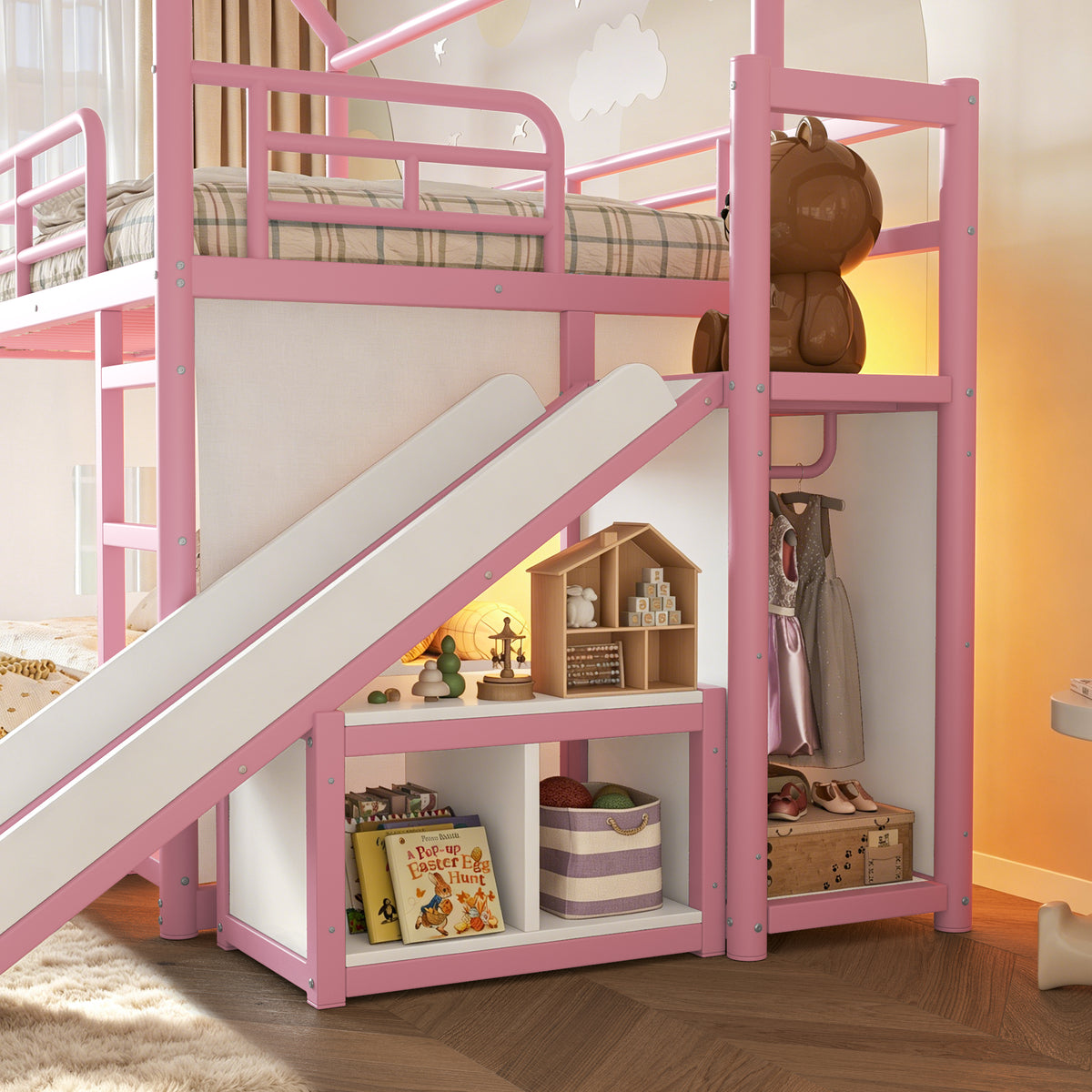 Twin over Full Playhouse Metal Bunk Bed with Slide & Ladder, House Shaped Bunk Bed with LED Light Strip, Privacy Curtain, Movable Storage Cabinet and Hanging Rod, Twin over Full Kids Bunk Bed , Pink