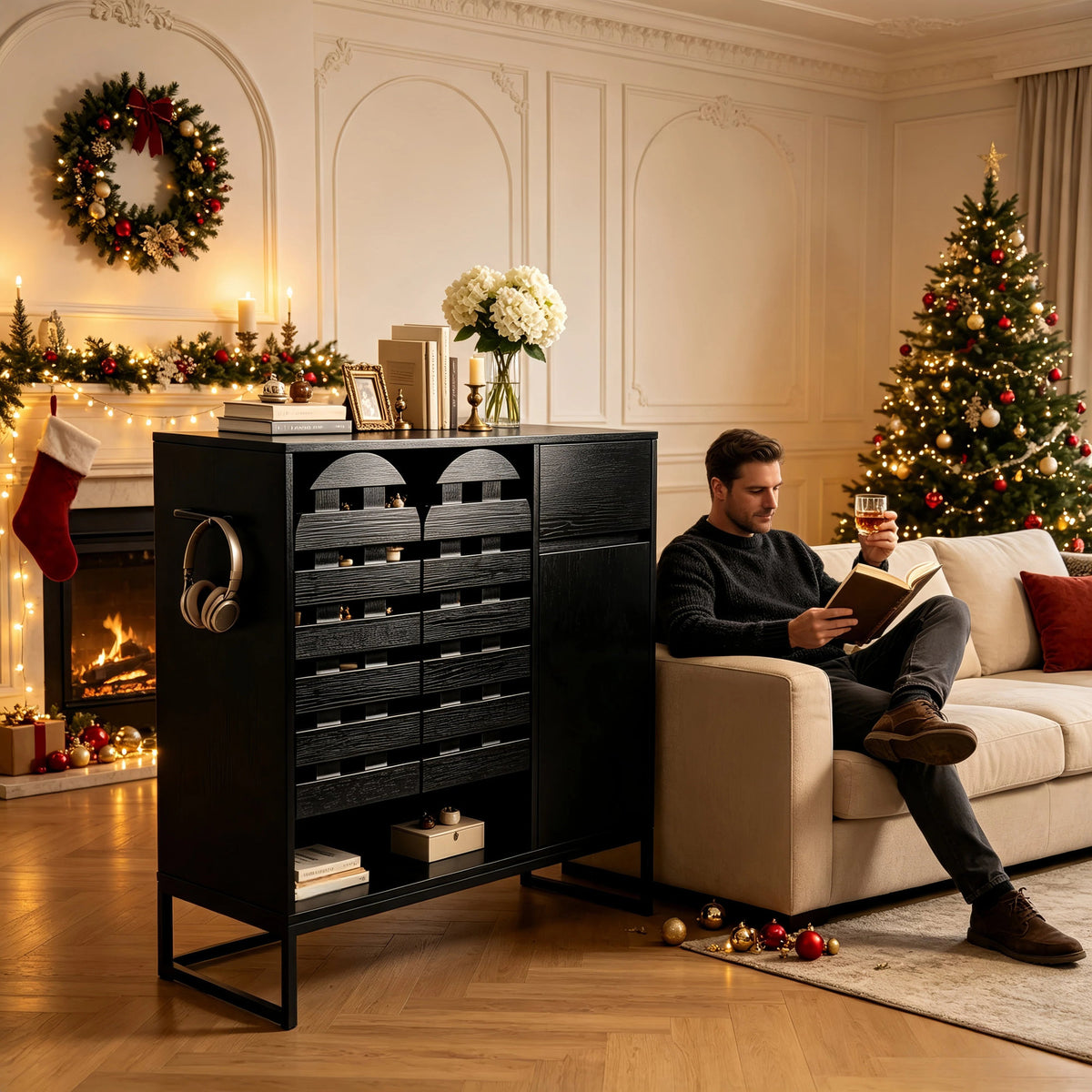 Buffet Cabinet with Storage: 44.49"Black Woven Door Accent Cabinets,with Arched Doors,with Multi layer Adjustable,with Metal Leg,woven door and drawer - for Kitchen Living Dining Room Entryway