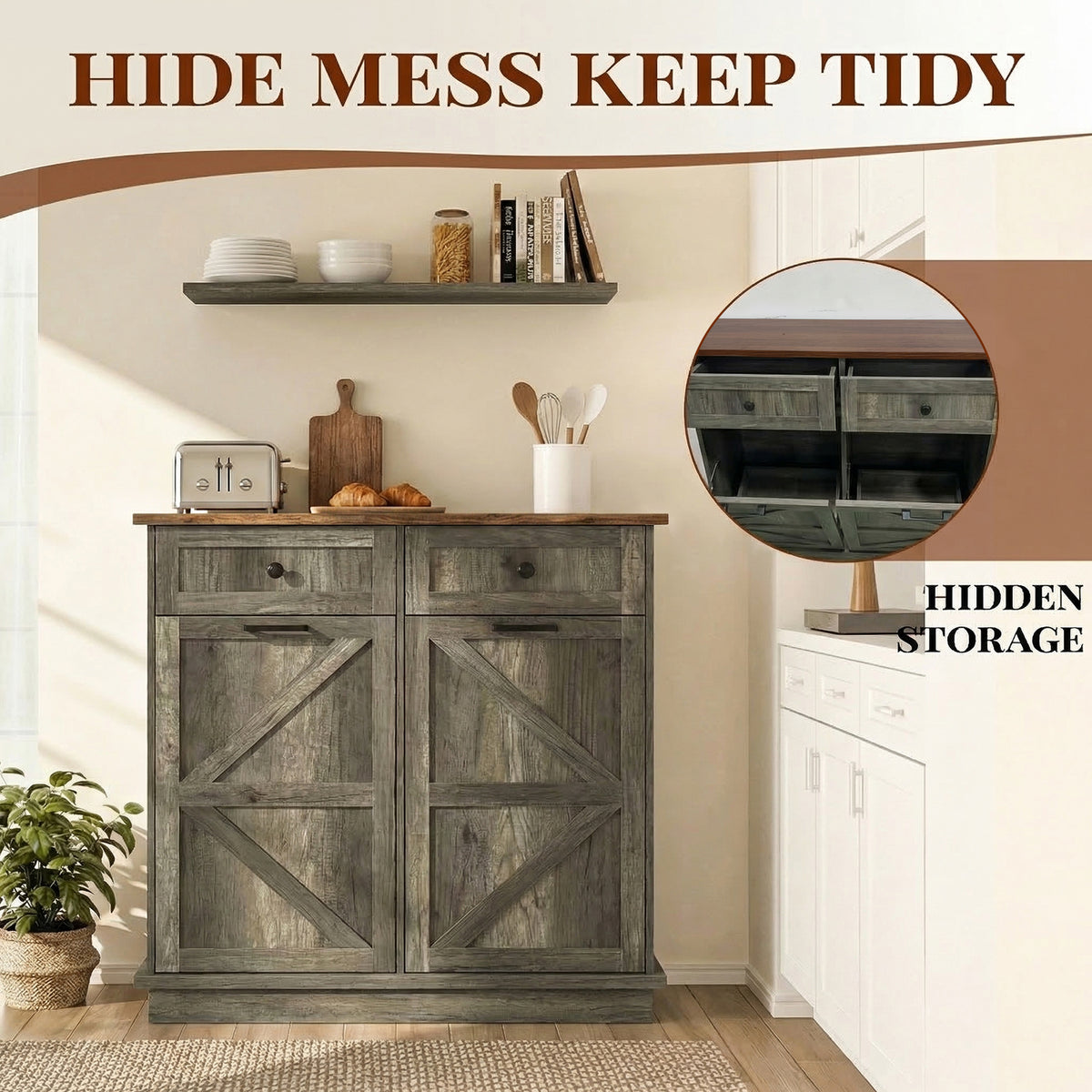 Tilt Out Trash Can Cabinet for Kitchen, Double 10-Gallon Hidden Trash Cabinet with Drawer, Farmhouse Wooden Garbage Cabinet, Dog Proof Trash Can Storage for Kitchen Laundry Living Room Office