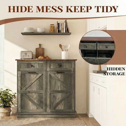 Tilt Out Trash Can Cabinet for Kitchen, Double 10-Gallon Hidden Trash Cabinet with Drawer, Farmhouse Wooden Garbage Cabinet, Dog Proof Trash Can Storage for Kitchen Laundry Living Room Office
