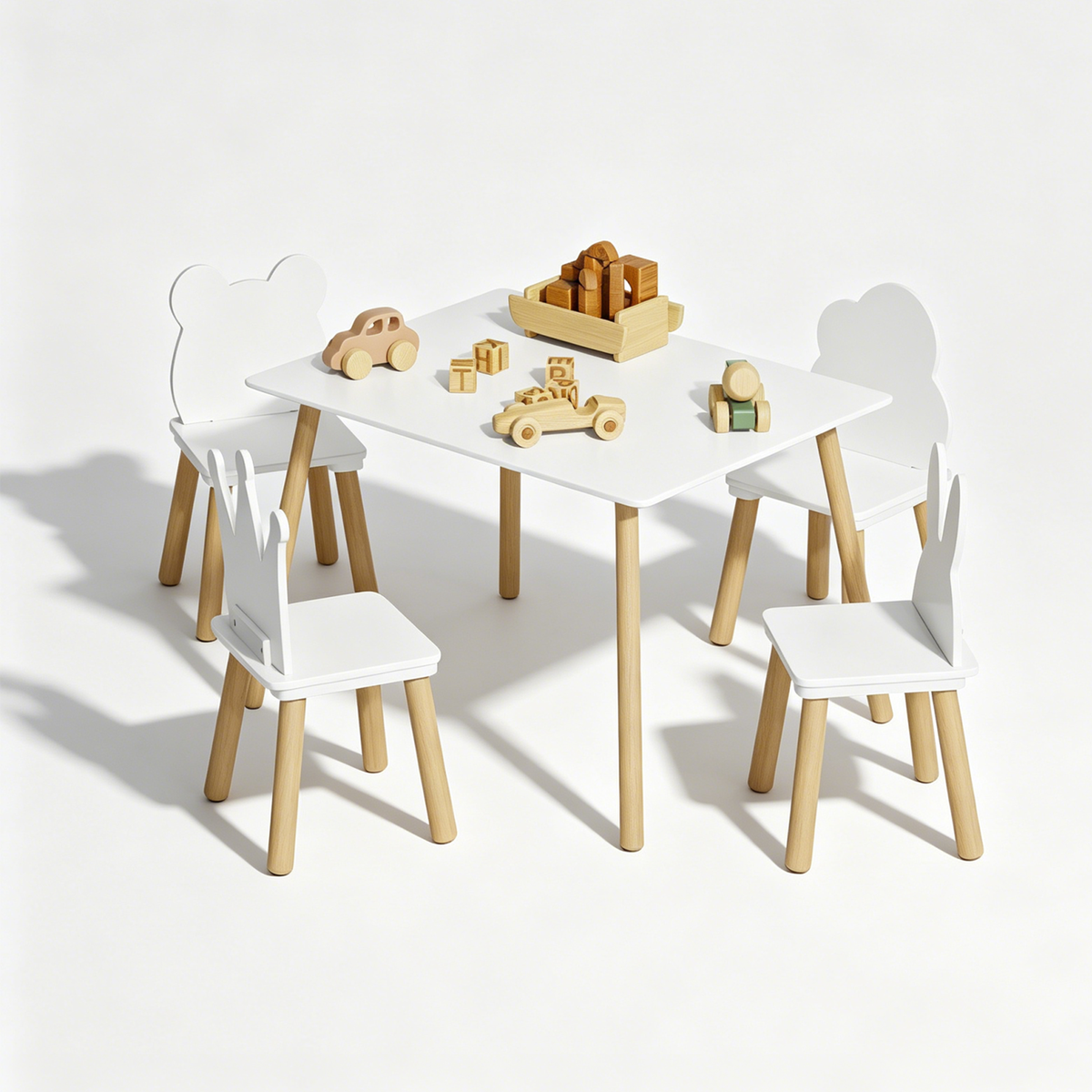 Big Kids Table and 4 Chairs Set, 5 Pieces Toddler Table and Chair Set, Wooden Activity Play Table Set (White)