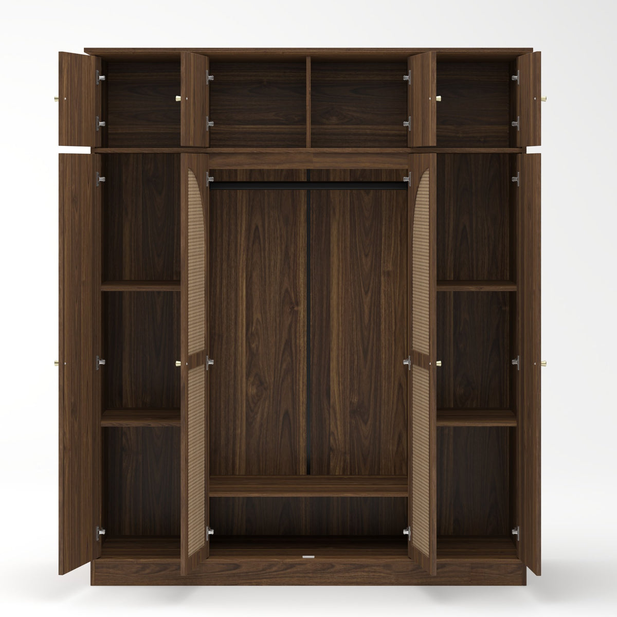 70.87"Tall 8-Door Large Capacity Armoire Wardrobe Closet with Hanging Rod, Adjustable Shelves and Rattan Decorative Doors, Clothing Storage Cabinet for Bedroom, walk-in closet, Living Room, Walnut