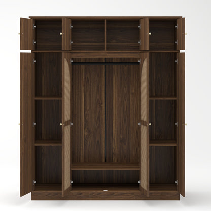 70.87"Tall 8-Door Large Capacity Armoire Wardrobe Closet with Hanging Rod, Adjustable Shelves and Rattan Decorative Doors, Clothing Storage Cabinet for Bedroom, walk-in closet, Living Room, Walnut