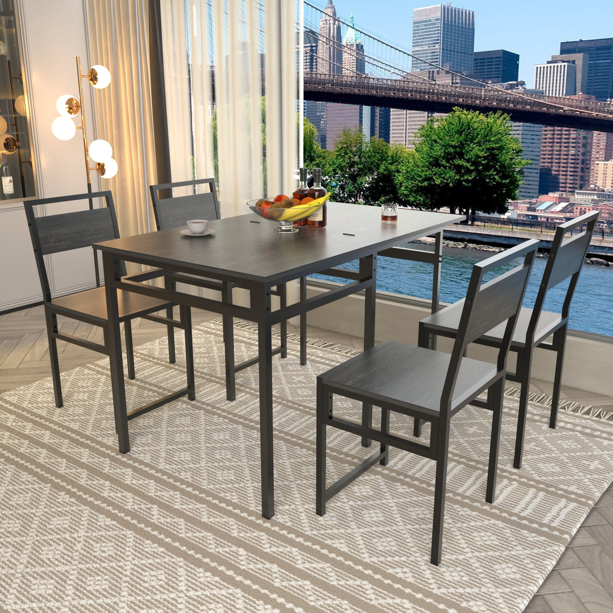 Extendable Dining Table Set with 4 Chairs, Industrial Rectangular Expandable Kitchen Table, Wood Grain Metal Frame Space Saving Dinner Furniture for Small Family Apartment