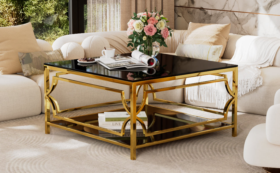 Square Glass Coffee Table in 33.5", Luxurious Geometric Metal Frame, Gold Finish & Lower Shelf