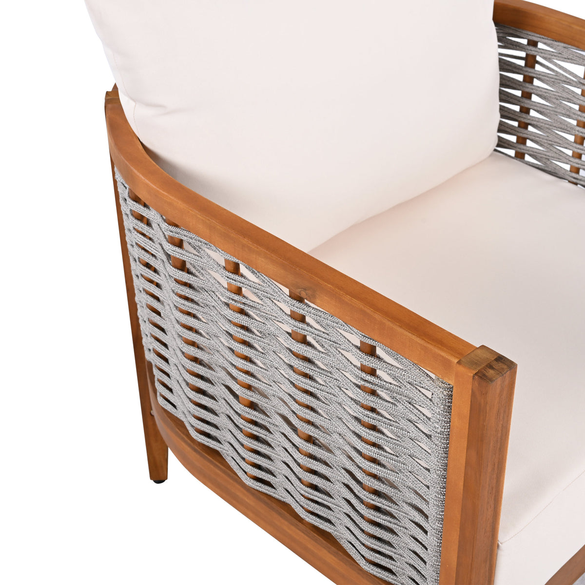 Outdoor Unique Tub Design Armchair with Woven Rope, Patio Furniture Acacia Wood Chair,  Deep Seating with Soft Cushions for Porch, Garden, Backyard, Balcony, Teak Finish & Beige Cushion