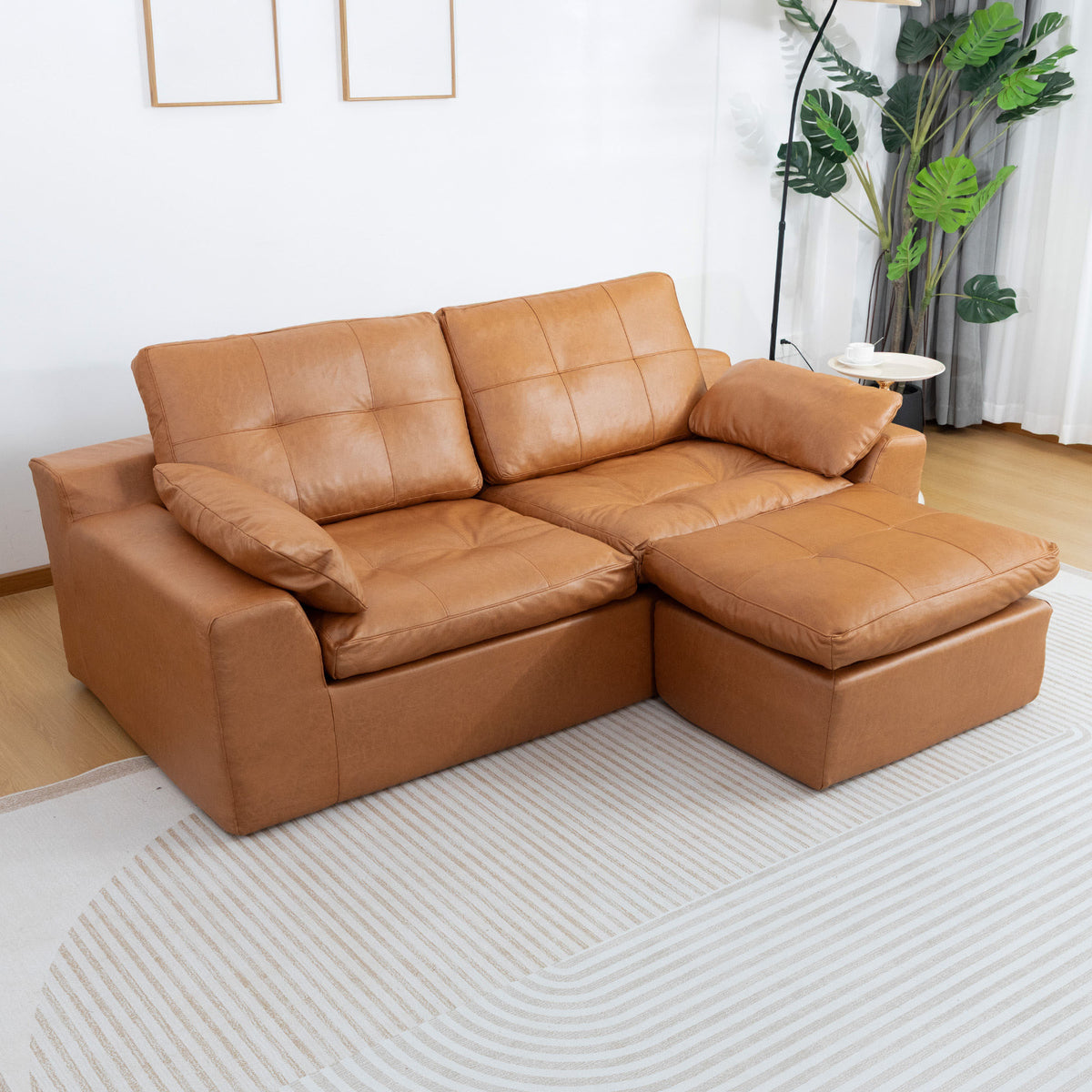 Faux Leather L-Shaped Sectional Sofa with Movable Ottoman High Density Compressed Sponge Modular 2-Seater Upholstered Couch with Throw Pillows for Living Room Hotel Apartment