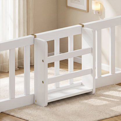 Twin Over Full Floor Bunk Bed with Ladder and Bookshelf, Space-Saving, Noise-Free, No Box Spring Needed,White