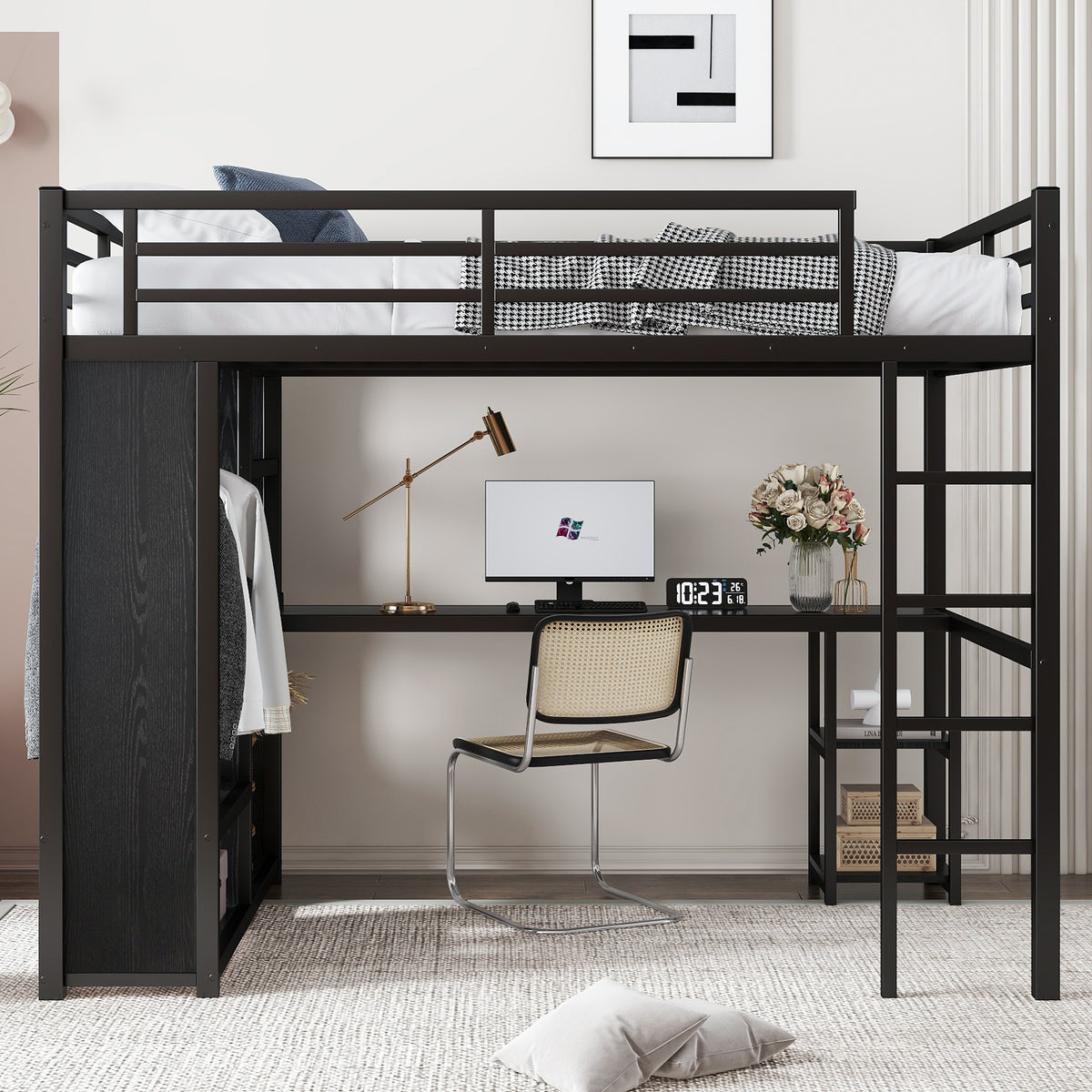 Full Size Loft Bed Frame with Built-in Wardrobe, Metal Loft Bed with Desk and Storage Shelves, Black