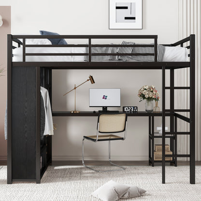 Full Size Loft Bed Frame with Built-in Wardrobe, Metal Loft Bed with Desk and Storage Shelves, Black