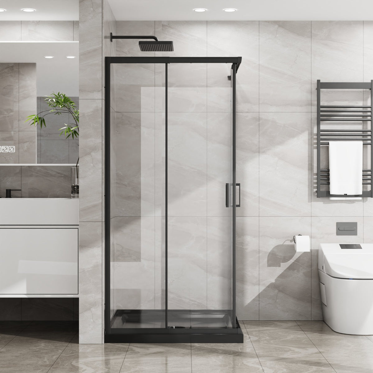 36" x 36" x 72" Corner Sliding Shower Door and Black Shower Base Combo Kit, Clear Tempered Glass, Matte Black Frame Dood & Reinforced Acrylic Base Set