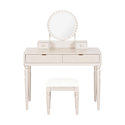 Luxury Vanity Desk with Round Mirror,Height-Adjustable, Stylish Dressing Table Set, 4 Drawers & Stool, Champagne