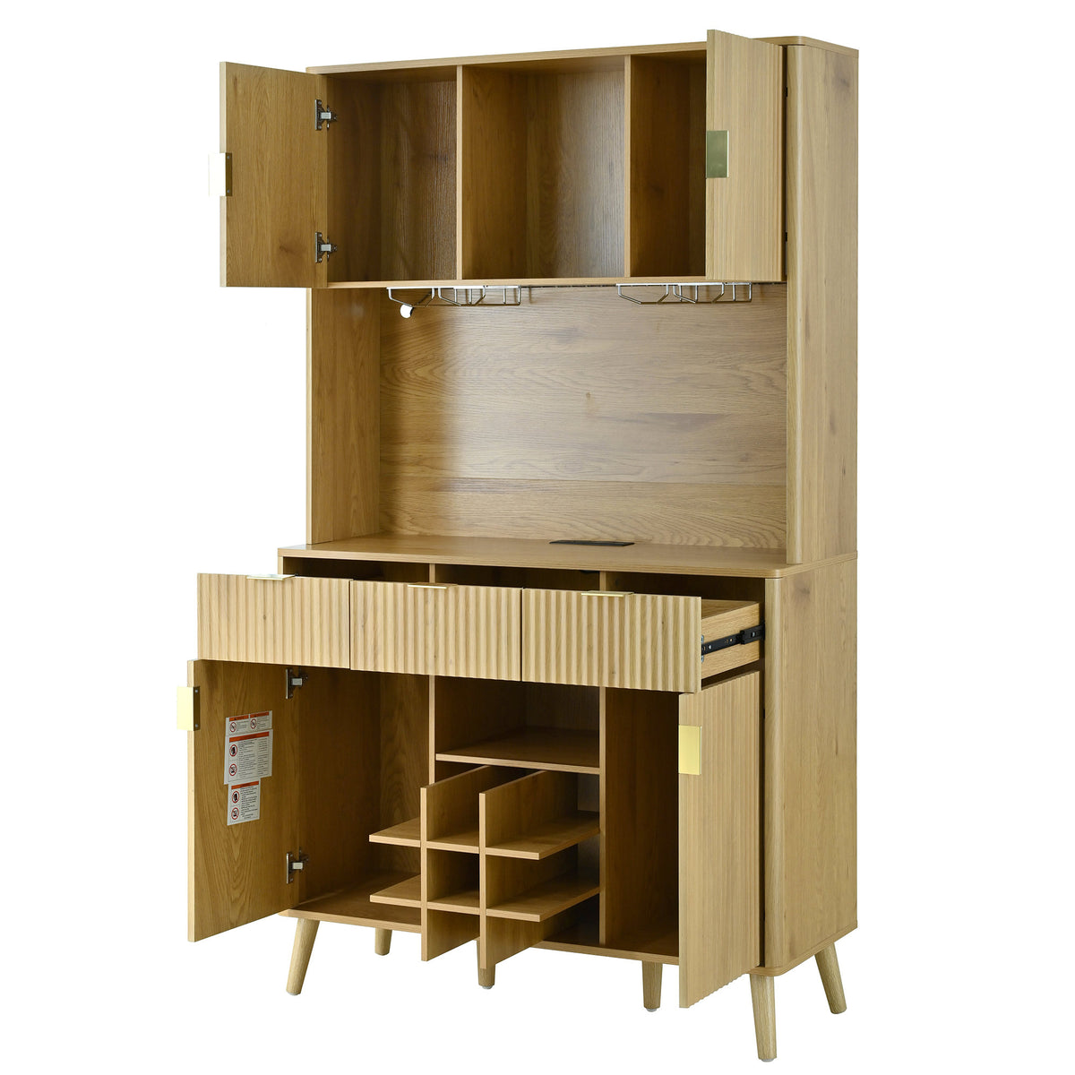 U_Style 72.2" High Kitchen or Bar Cabinet with Electrical Outlet and LED Light, Wine Bottle Storage with Nine-Grid Wine Rack,Multi-Functional Home Sideboard for Dining Room, and Hallway