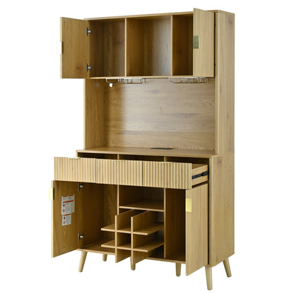 U_Style 72.2" High Kitchen or Bar Cabinet with Electrical Outlet and LED Light, Wine Bottle Storage with Nine-Grid Wine Rack,Multi-Functional Home Sideboard for Dining Room, and Hallway