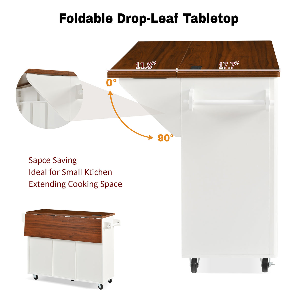K&K 52" Fluted Kitchen Island with Drop Leaf, Power Outlet, Kitchen Storage Cart with Adjustable Shelves, 2 Doors and 2 Drawers