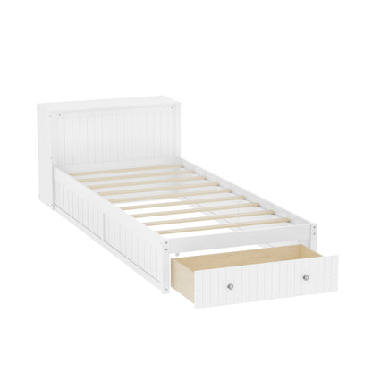 Twin Modern Platform Bed with Integrated Desk and Storage, Wood Bed Frame with wide Headboard, Footboard Drawers & Side Shelves, Multifunctional Space Saving Bedroom Furniture for Teen and Kids, White