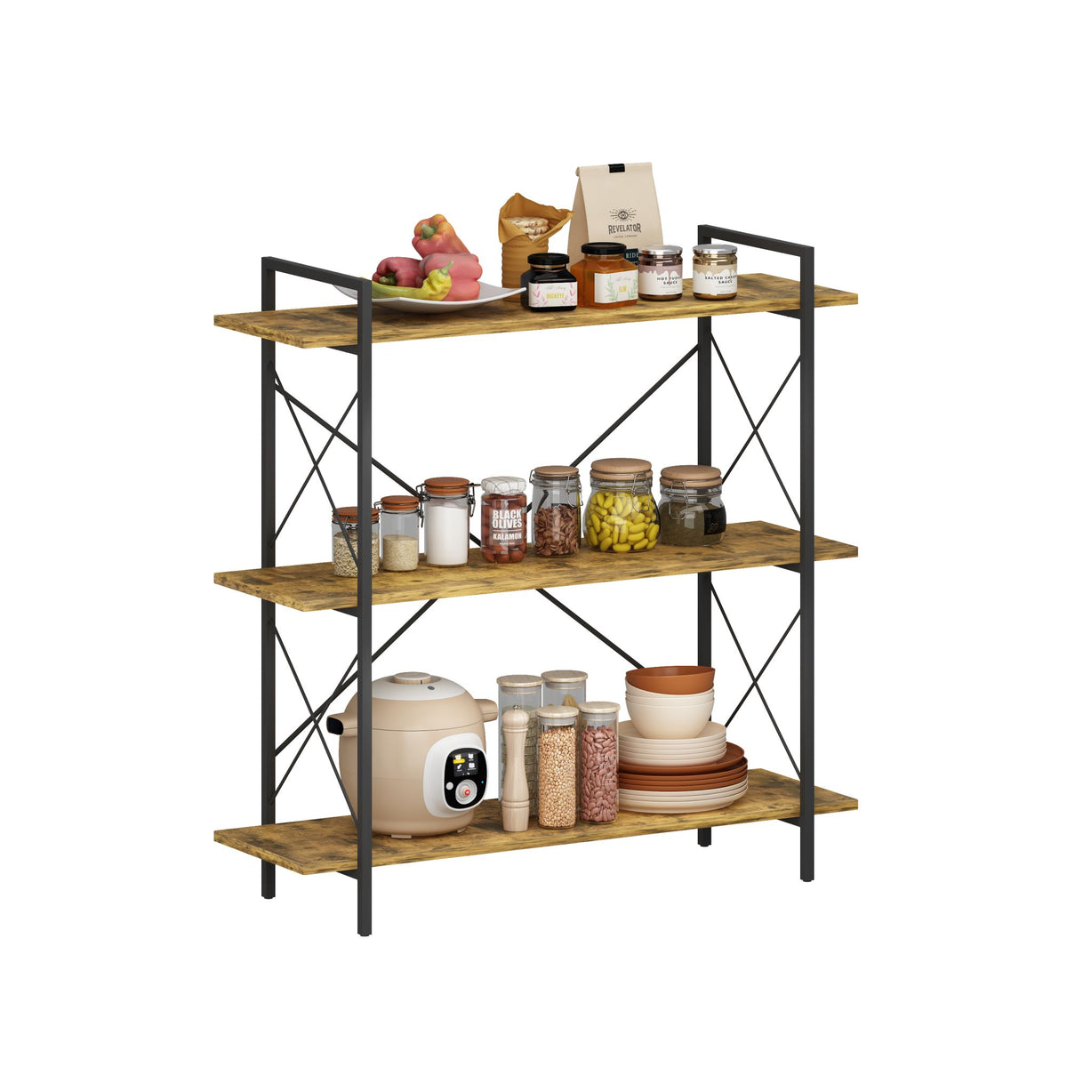 3-Tier Bookshelf, Horizontal Bookcase with Open Storage Shelves, Rustic Industrial Plant Stand, Wood & Metal Shelf for Living Room, Bedroom & Home Office (Rustic Brown)