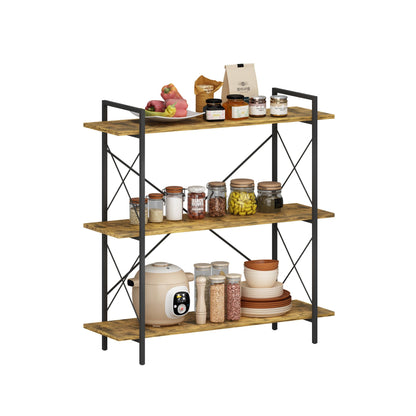 3-Tier Bookshelf, Horizontal Bookcase with Open Storage Shelves, Rustic Industrial Plant Stand, Wood & Metal Shelf for Living Room, Bedroom & Home Office (Rustic Brown)