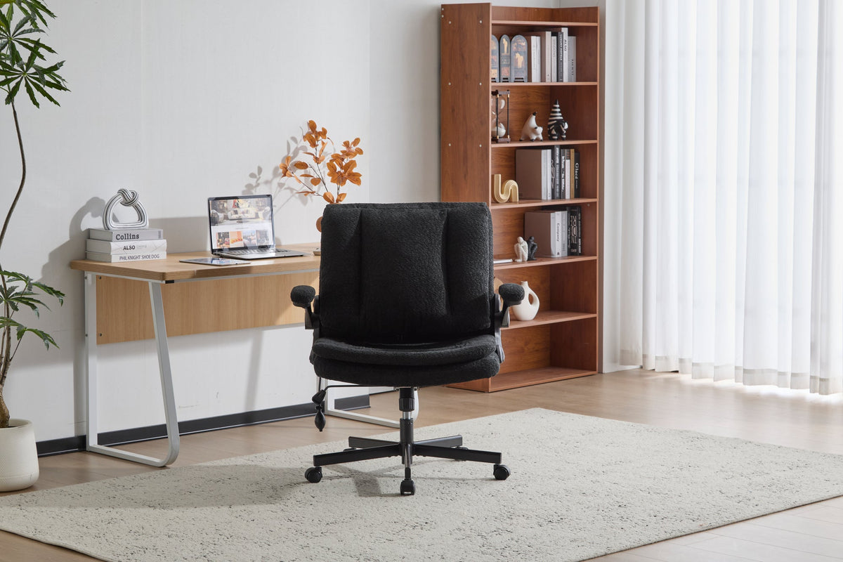 Criss Cross Legged Office Chair with Flip-Up Back Built-In Dynamic Airbag Lumbar Support, Wide Seat Desk Chair with Flip-Up Arms and Wheels, Modern Cross-Leg Chair for Home Office, Vanity, Black.