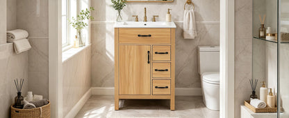 24 Inch Modern Traditional Bathroom Vanity with Ceramic Sink, MDF Cabinet & Solid Wood Legs, Black Zinc Alloy Handles, Wood Grain Melamine Finish