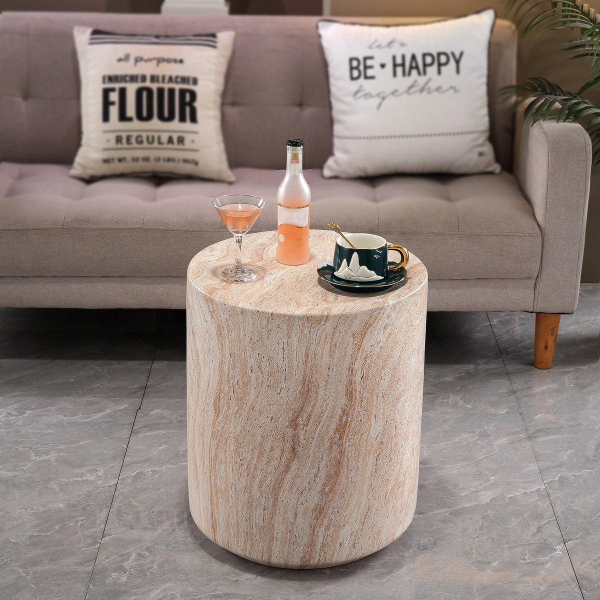 Tall Cylindrical Accent Coffee Table, MgO Faux Travertine Round Coffee Table, Indoor & Outdoor Decorative Table for Home Patio Yard, Dia 15.94" x H 18.31"