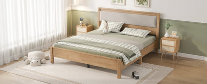 Queen Size, Solid Rubber Wooden Bed with Upholstered Headboard, Reinforced by Central Support Legs,Natural