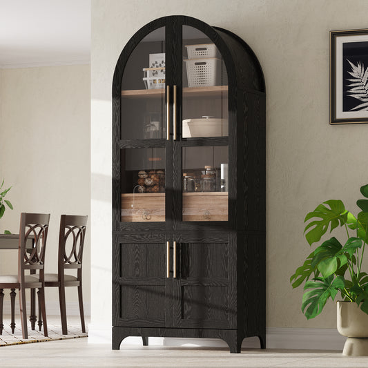 K&K 71' Tall Arched Kitchen Pantry Cabinet with Door Shelves, Farmhouse Kitchen Storage Cabinet with Open & Adjustable Shelves, Hidden Drawer & Glass Door, Cupboard for Kitchen, Dining Room, Black