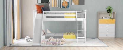 White Twin over Twin Bunk Bed with Convertible Slide and Ladder, Pine Wood, 79.1''L x 42.1''W x 49.4''H