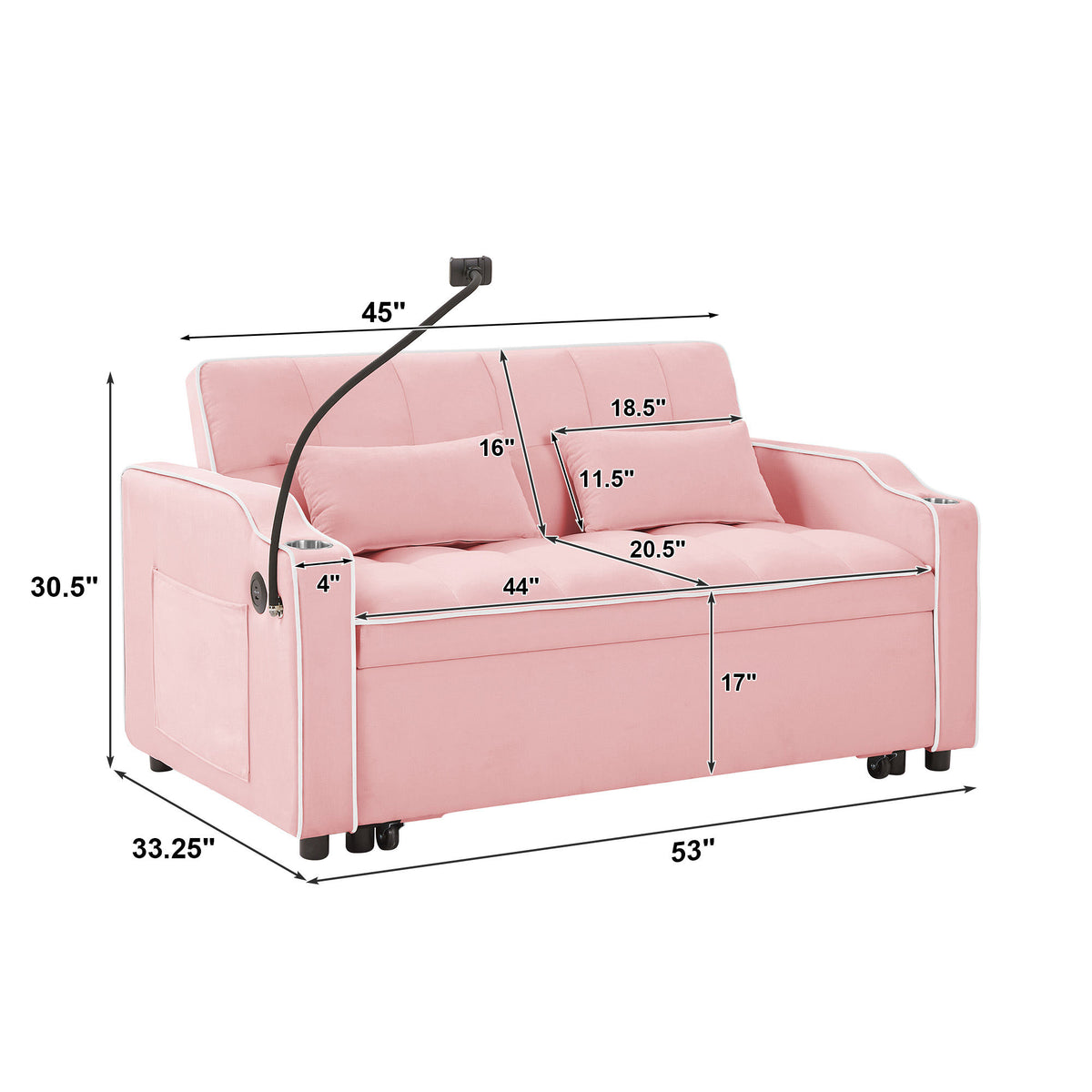 Versatile Foldable Double Seat Recliner,Comfortable Velvet Pull-Out Sleeper Sofa Bed with Side Pockets,USB Port,Swivel Phone Stand, Ashtray and Adjustable Backrest