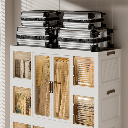 Portable Wardrobe Closet Storage Organizer for Clothes with Magnetic Doors, 12 Cubes & 2 Hanging Rods, White