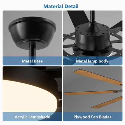 72-Inch 8-Blade Large Ceiling Fan, Reversible Quiet DC Motor, Indoor/Outdoor Modern Ceiling Fan, Living Room and Terrace, Black.