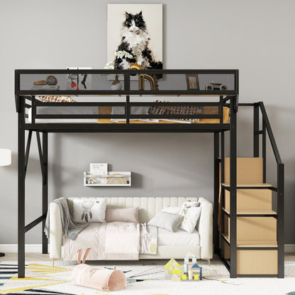 Queen Size Loft Bed with Stairs, Metal Queen Loft Bed with Storage Shelves, High Loft Bed with Wardrobe for Kids Teens Adults, Black(Old SKU W2580S00028 ) Patent Products