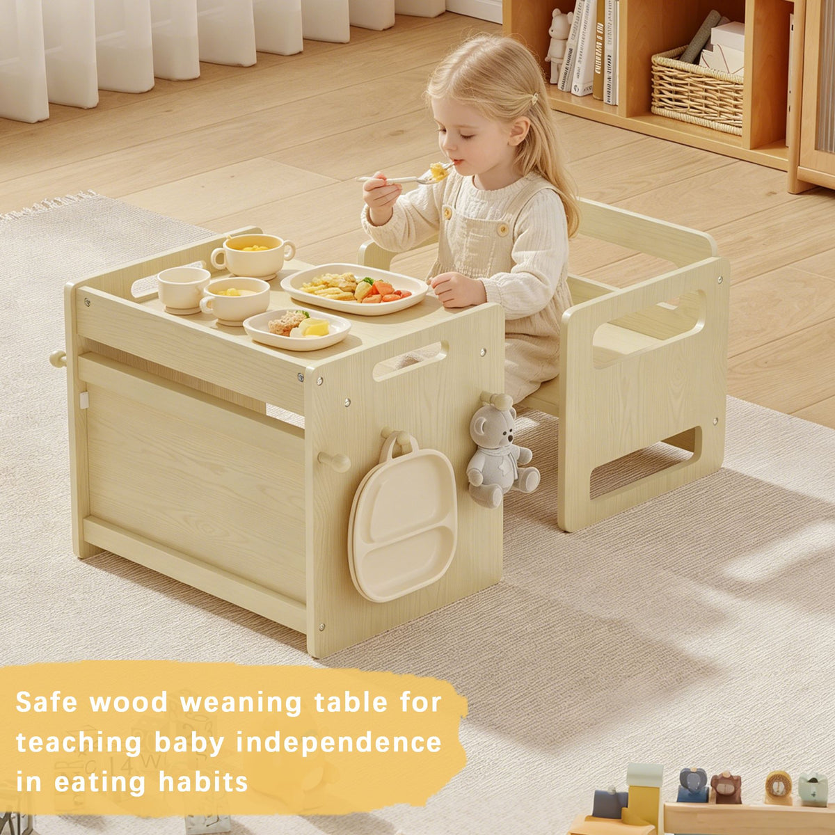 Montessori Weaning Table and Chair Set, Adjustable Wooden Toddler Table and Chair Set, Kids Activity & Play Table for Eating, Drawing, Learning and Playing(Natural)